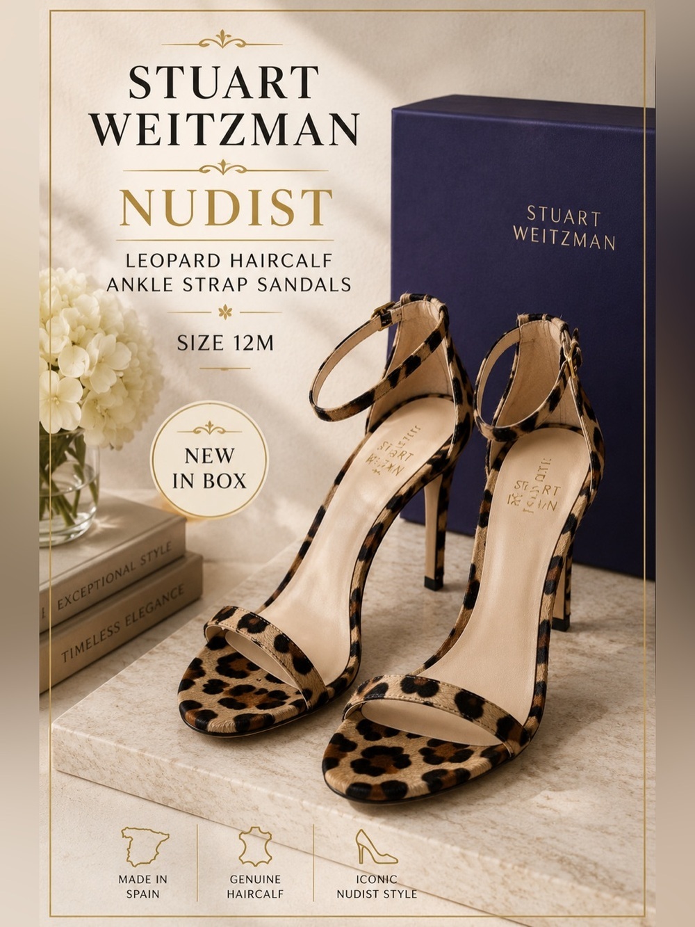 Stuart Weitzman Nudist Leopard Haircalf Ankle Strap Sandals Size 12M NIB
